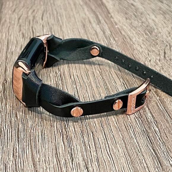 Black Leather Slim Strap Fitbit Charge 5 Band Rose Gold Jewelry Women Bracelet - Picture 5 of 8